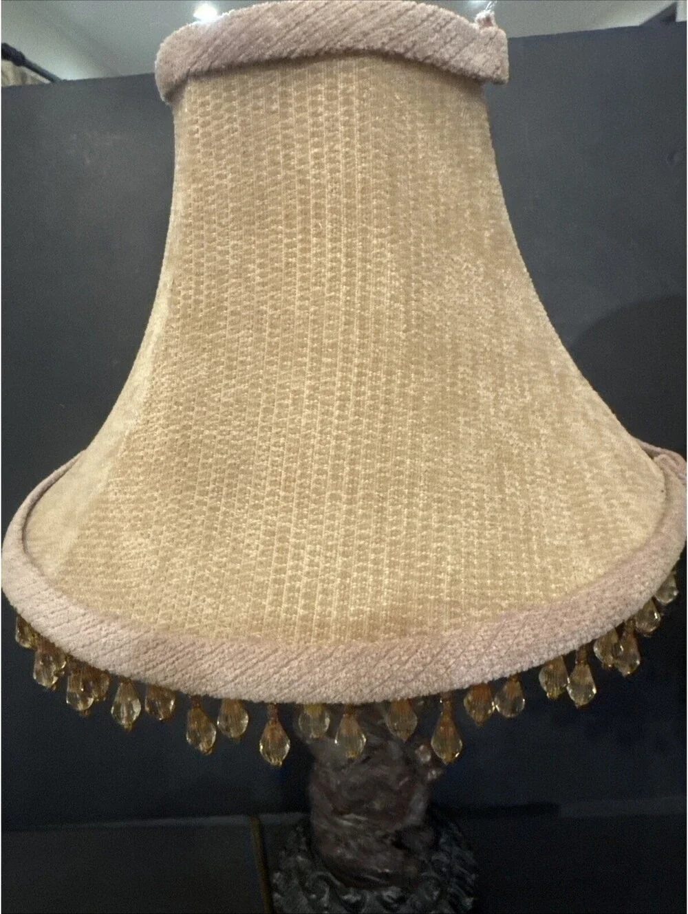 Pair of Elephant Table Lamps with Beaded Chenille Bell Shades Good Luck 17”